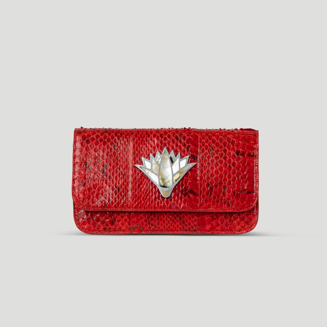 Snake skin lotus mother of pearl clutch