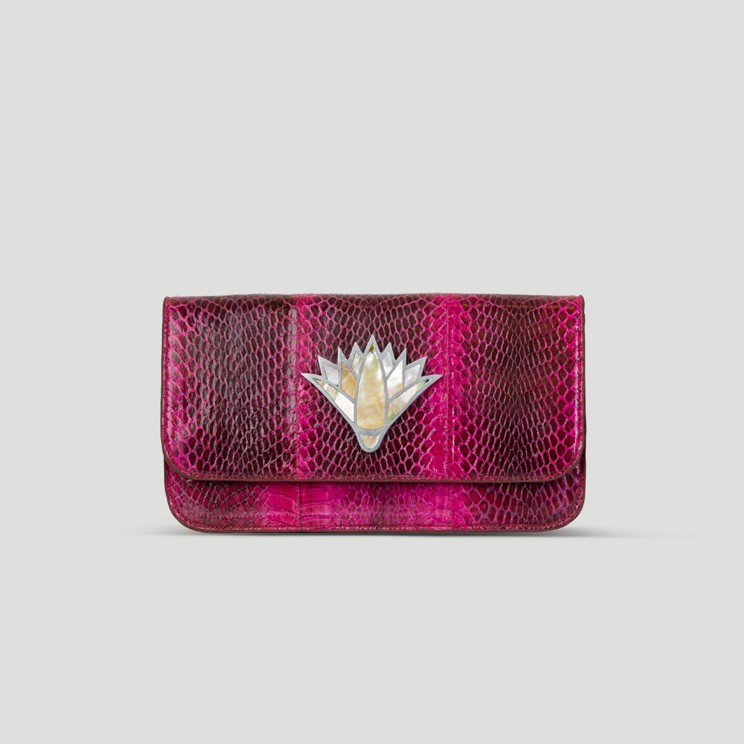 Snake skin lotus clutch crossbody bag