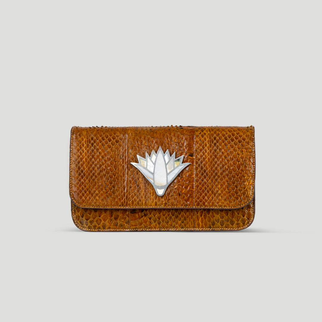 Snake skin lotus clutch crossbody bag
