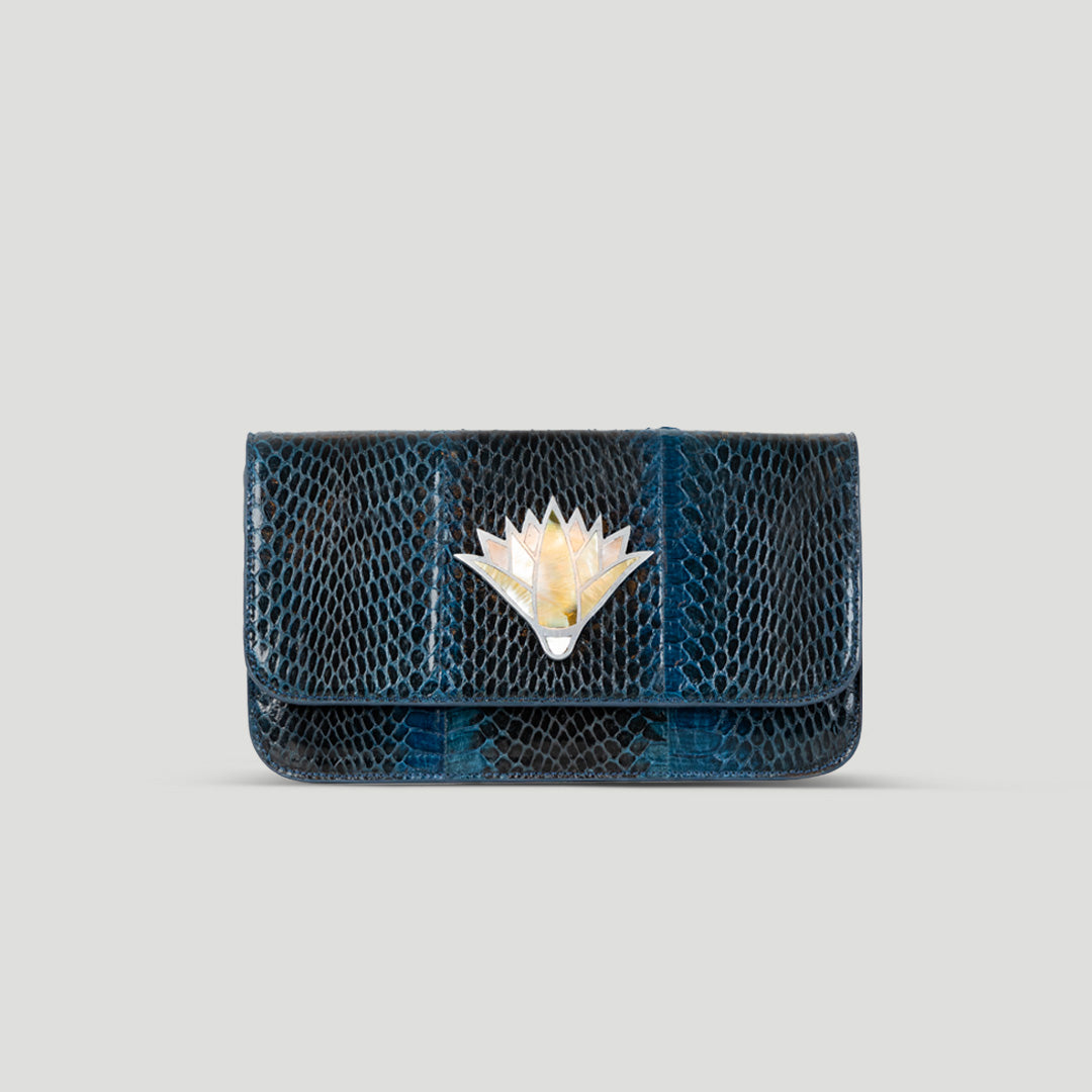 Snake skin lotus clutch crossbody bag