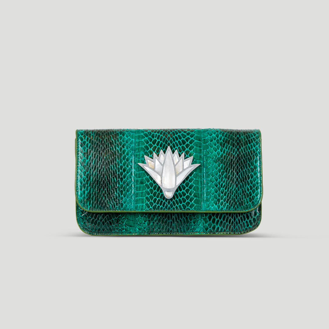 Snake skin lotus clutch crossbody bag