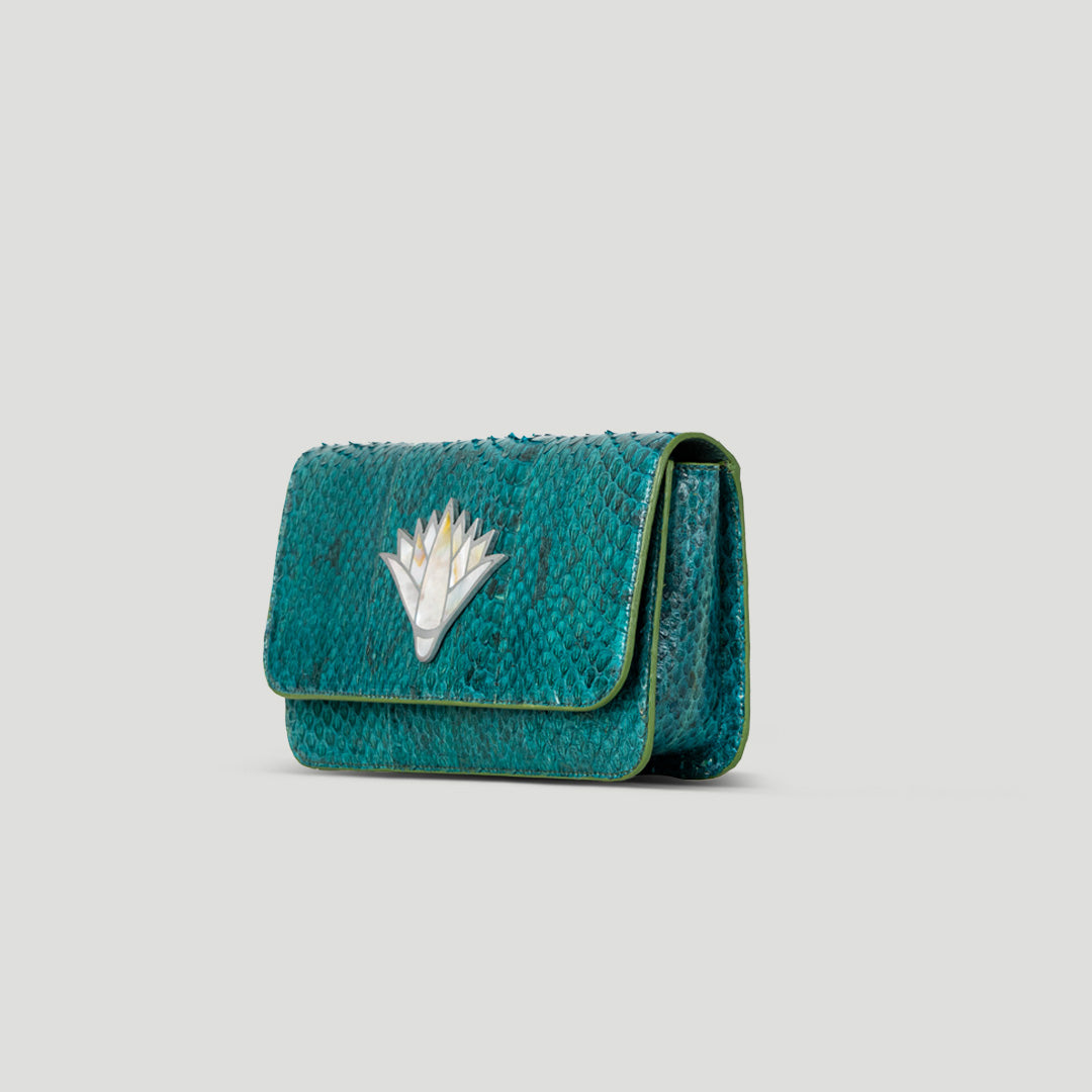 Snake skin lotus mother of pearl clutch crossbody bag