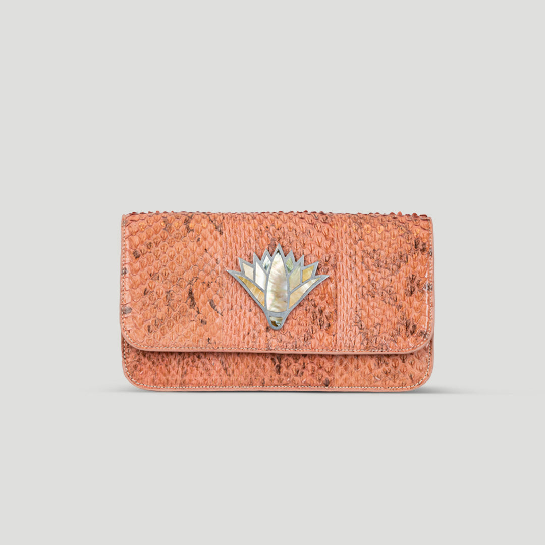 Snake skin lotus clutch crossbody bag
