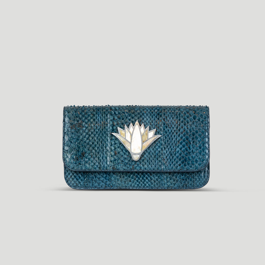 Snake skin lotus clutch crossbody bag