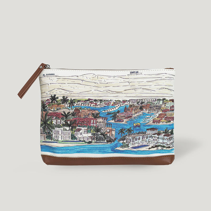 woman leather pouch bag with El Gouna city sketch